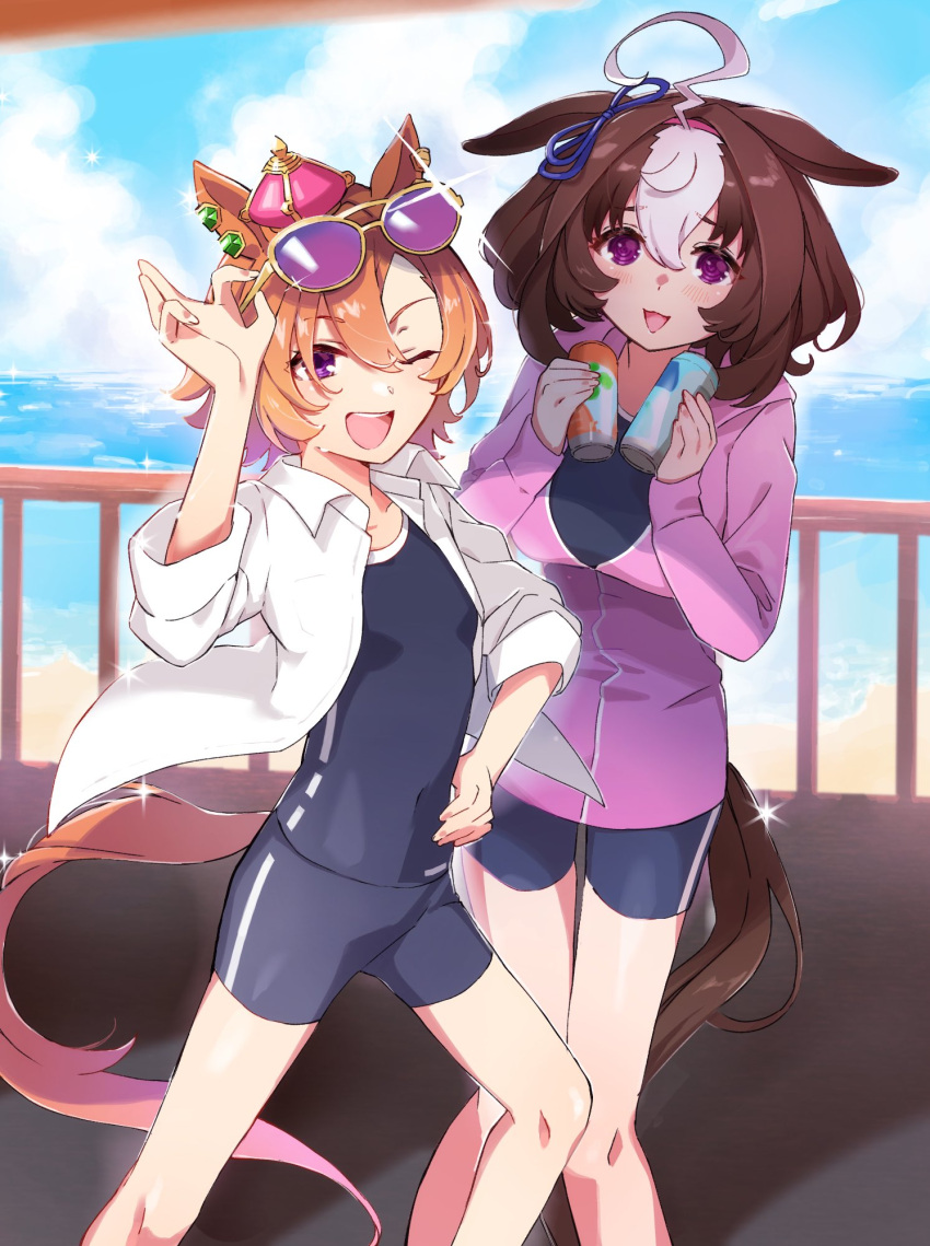 2girls :3 ;d @_@ ahoge animal_ears blue_one-piece_swimsuit breasts brown_hair can collared_shirt competition_school_swimsuit crown dojikko eyewear_on_head feet_out_of_frame hair_between_eyes hairband highres holding holding_can horse_ears horse_girl horse_tail large_breasts long_sleeves looking_at_viewer meisho_doto_(umamusume) mini_crown multiple_girls nanaheibei_3 one-piece_swimsuit one_eye_closed open_clothes open_shirt orange_hair pink_hairband pink_sweater purple_eyes school_swimsuit shirt short_hair single_vertical_stripe smile sunglasses sweater swimsuit t.m._opera_o_(umamusume) tail tail_through_clothes tracen_swimsuit umamusume umamusume:_road_to_the_top white_hair white_shirt