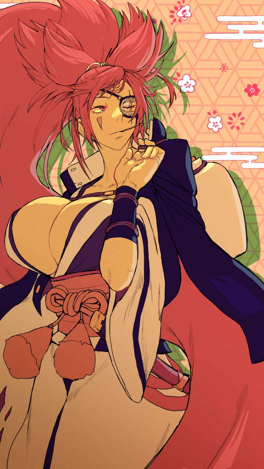 1girl absurdres akasa523 baiken big_hair black_jacket black_kimono breasts egasumi eyepatch facial_tattoo guilty_gear guilty_gear_strive highres jacket jacket_on_shoulders japanese_clothes kimono large_breasts long_hair multicolored_clothes multicolored_kimono one-eyed open_clothes open_kimono pink_hair ponytail red_eyes samurai scar scar_across_eye tattoo torn_sleeve white_kimono