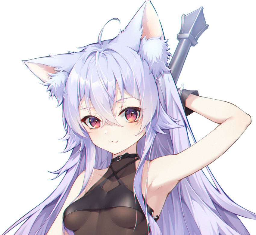 1girl :3 ahoge animal_ear_fluff animal_ears arm_behind_head arm_up armpits bare_arms bare_shoulders bikini bikini_top_only black_bikini black_choker black_gloves breasts brown_leotard choker closed_mouth criss-cross_halter fang ge_zhong_kuaile gloves halterneck highres holding holding_weapon leotard long_hair looking_at_viewer original red_eyes small_breasts smile solo string_bikini swimsuit upper_body weapon white_hair wolf_ears