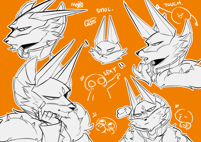 &lt;3 2023 5_fingers absurd_res anthro anubian_jackal canid canine canis clothed clothing coat dislyte english_text fingers fur hi_res jackal long_ears male mammal mask monochrome mozibyoziy multiple_images orange_background sander_(dislyte) simple_background sketch solo text topwear