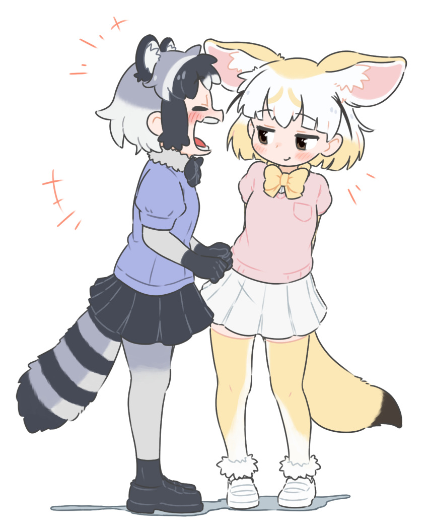 +++ 2girls :d animal_ear_fluff animal_ears appleq arms_behind_back black_footwear black_gloves black_hair black_skirt blonde_hair blue_shirt blush brown_eyes closed_eyes closed_mouth commentary_request common_raccoon_(kemono_friends) fennec_(kemono_friends) fox_ears fox_girl fox_tail gloves grey_hair grey_pantyhose highres kemono_friends loafers multicolored_hair multiple_girls pantyhose pink_sweater pleated_skirt profile puffy_short_sleeves puffy_sleeves raccoon_ears raccoon_girl raccoon_tail shadow shirt shoes short-sleeved_sweater short_sleeves simple_background skirt smile standing striped_tail sweater tail thighhighs two-tone_hair two-tone_legwear white_background white_footwear white_hair white_shirt white_skirt white_thighhighs yellow_thighhighs