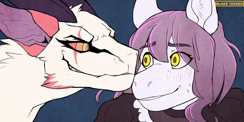 absurd_res althraa_(charliecorvinus) anthro blakixtekzer_(artist) blush blush_lines bodily_fluids cordelia_(ninnasaurio) duo equid equine eye_contact female hi_res horn horse looking_at_another looking_at_partner mammal markings sweat synx