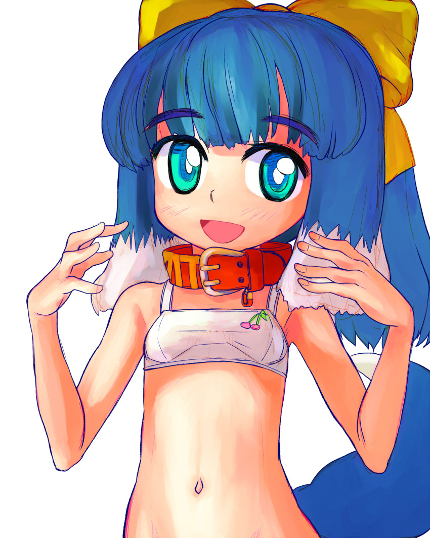 1girl :d animal_collar animal_ears aqua_eyes blue_eyes blue_tail bow bra cherry_print collar dog_ears dog_girl dog_tail floppy_ears food_print hair_bow hands_up highres inu-t medium_hair multicolored_eyes multicolored_tail navel nt-tan open_mouth os-tan red_collar simple_background smile solo tail tail_raised tsukiyono_aroe underwear white_background white_bra white_tail yellow_bow