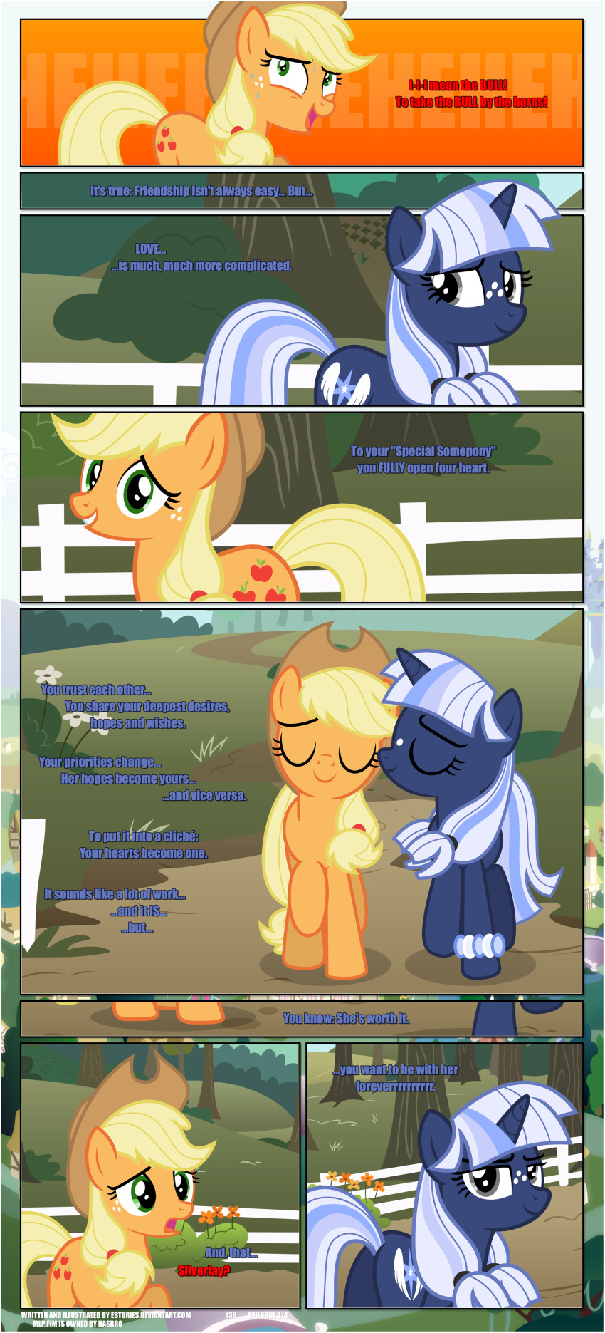absurd_res applejack_(mlp) bangs black_border border bracelet butt canon_x_oc clothing cowboy_hat cutie_mark dialogue duo ears_up earth_pony epilogue equid equine estories female fence feral flower freckles freckles_on_face friendship_is_magic hasbro hat headgear headwear hi_res horn horse jewelry looking_back mammal my_little_pony nervous open_mouth plant pony shrub silverlay_(estories) smile sweet_apple_acres tree unicorn walking white_fence