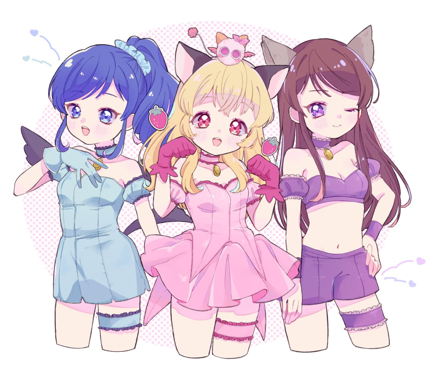 aikatsu! aikatsu!_(series) animal_ears bangs bare_shoulders blonde_hair blue_dress blue_eyes blue_gloves blue_hair bridal_garter brown_hair choker cosplay detached_sleeves dress gloves hand_on_hip hands_up highres hoshimiya_ichigo kiriya_aoi long_hair looking_at_viewer mew_ichigo mew_ichigo_(cosplay) mew_mint mew_mint_(cosplay) mew_zakuro mew_zakuro_(cosplay) navel one_eye_closed open_mouth paw_pose pink_choker pink_dress pink_gloves ponytail puffy_detached_sleeves puffy_sleeves purple_choker purple_eyes purple_shorts red_eyes scrunchie shibuki_ran shorts sleeveless sleeveless_dress tokyo_mew_mew wata_meuko wolf_ears