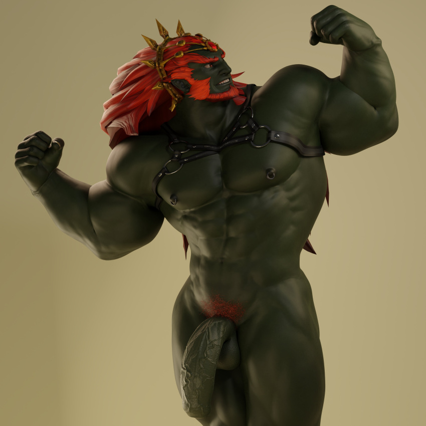 absurd_res ganondorf genitals gerudo green_body green_skin hi_res humanoid humanoid_pointy_ears male muscular muscular_humanoid muscular_male nintendo nipple_piercing nipples pecs penis piercing solo the_legend_of_zelda vein veiny_penis voluox