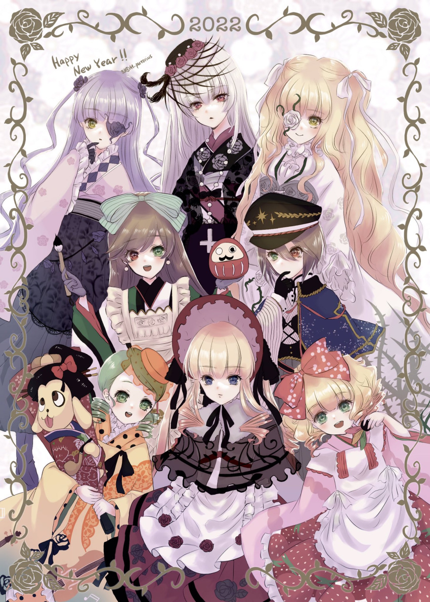 2022 6+girls barasuishou black_gloves black_kimono blonde_hair blue_eyes blue_kimono blush bonnet bow brown_hair daruma_doll drill_hair expressionless floral_print gloves green_eyes green_hair green_kimono grey_hair hair_bow hair_ribbon happy_new_year hat highres hinaichigo holding holding_brush japanese_clothes kanaria kimono kirakishou kiru_(m_putorius) kunkun lolita_fashion long_hair multiple_girls open_mouth peaked_cap pink_kimono purple_hair purple_kimono red_eyes ribbon rose_print rozen_maiden shinku short_hair smile souseiseki suigintou suiseiseki tilted_headwear twin_drills twintails two_side_up wa_lolita white_kimono yellow_eyes