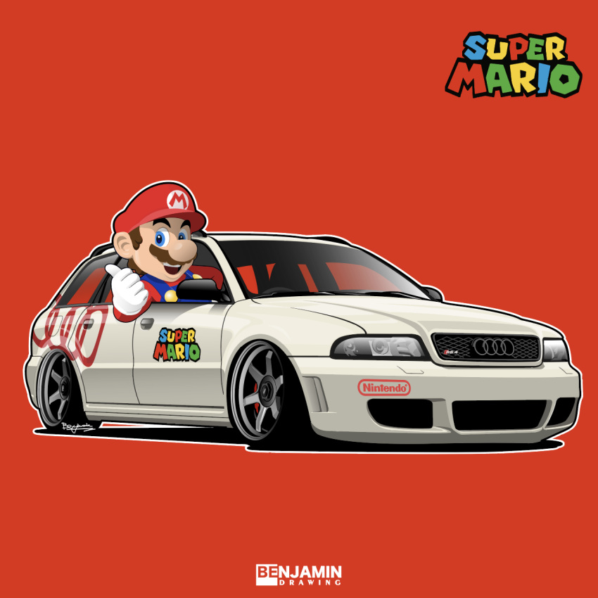 1boy artist_name audi audi_rs4 benjamin_(user_scjv3278) blue_eyes blue_overalls brown_hair car facial_hair gloves hat highres logo male_focus mario mario_(series) motor_vehicle mustache open_mouth overalls red_background red_headwear red_shirt shirt smile solo stance_(vehicle) thumbs_up vehicle_focus white_gloves