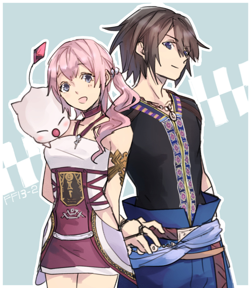 1boy 1girl blue_eyes closed_mouth collarbone final_fantasy final_fantasy_xiii final_fantasy_xiii-2 hamagurihime highres jewelry long_hair moogle necklace noel_kreiss open_mouth pink_hair serah_farron side_ponytail skirt smile thighhighs
