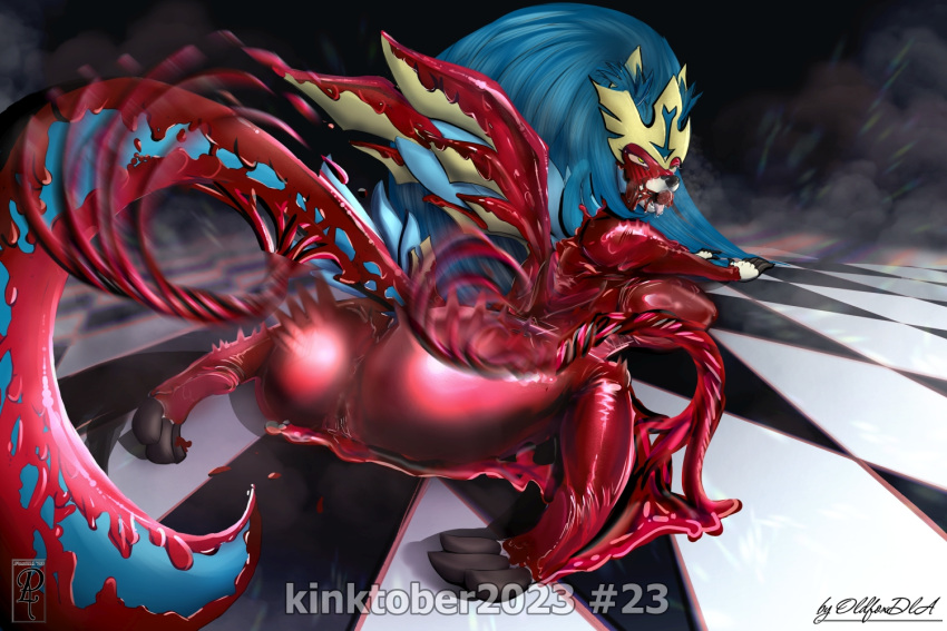 3:2 big_breasts blue_body blue_hair breasts butt clothing fae_cadogan fan_character female generation_8_pokemon hair kinktober latex legendary_pokemon living_latex mammal nintendo oldfoxdla pokemon pokemon_(species) rubber rubber_clothing rubber_suit solo thick_thighs whip whipped whipping_butt wings zacian