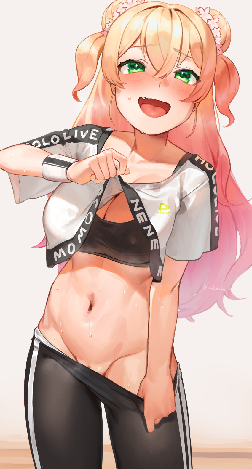 1girl :d absurdres black_bra blonde_hair blush bra breasts cleavage cleft_of_venus clothes_lift clothes_pull double_bun fang fangs frikulu gradient_hair green_eyes hair_bun highres hololive lifted_by_self looking_at_viewer momosuzu_nene multicolored_hair navel pants pants_pull pink_hair pussy pussy_peek shirt_lift smile solo sports_bra sweat two_side_up underwear virtual_youtuber