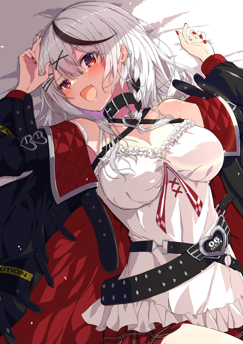 belt black_collar bow breasts camisole caution cleavage collar fang frilled_camisole frills grey_hair hair_ornament heart_collar heart_pendant highres hololive large_breasts looking_at_viewer lying medium_hair multicolored_hair namikawa_kuroha off-shoulder_jacket off_shoulder plaid plaid_bow red_eyes red_nails sakamata_chloe skin_fang streaked_hair virtual_youtuber white_camisole x_hair_ornament