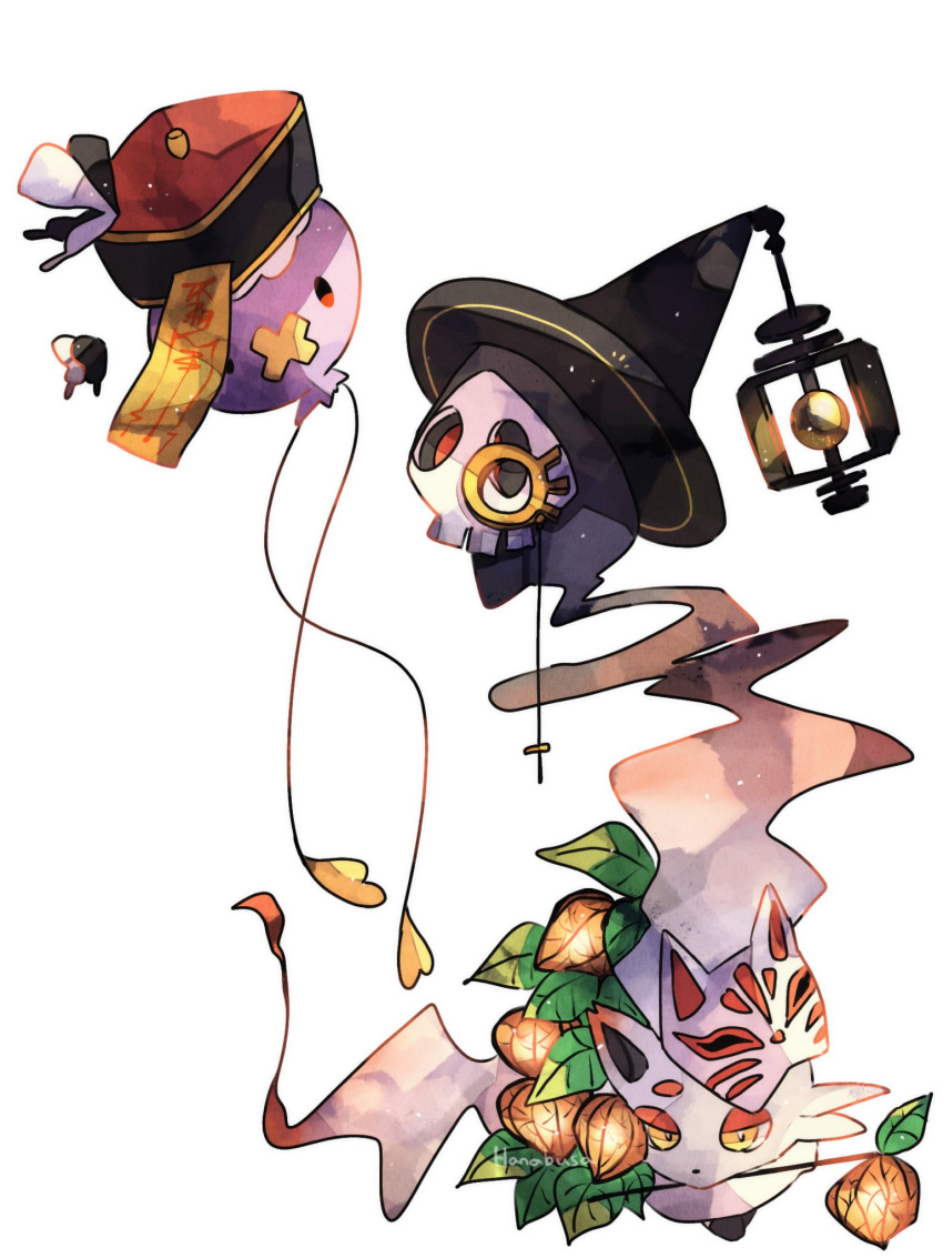 animal_focus balloon drifloon duskull fox_mask ghost hanabusaoekaki hat highres hisuian_zorua leaf mask monocle no_humans ofuda pokemon pokemon_(creature) red_eyes skull solid_oval_eyes witch_hat