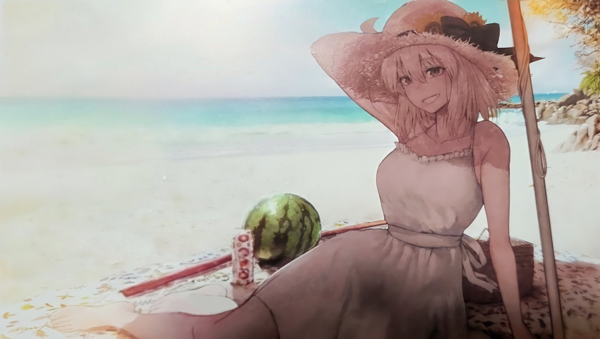 1girl absurdres ahoge armpits barefoot beach breasts brown_eyes dress fate/grand_order fate/type_redline fate_(series) feet food foot_out_of_frame fruit hat highres hirano_ryouji koha-ace large_breasts looking_at_viewer non-web_source ocean official_art okita_souji_(fate) okita_souji_(koha-ace) short_hair smile straw_hat toes tree watermelon white_dress