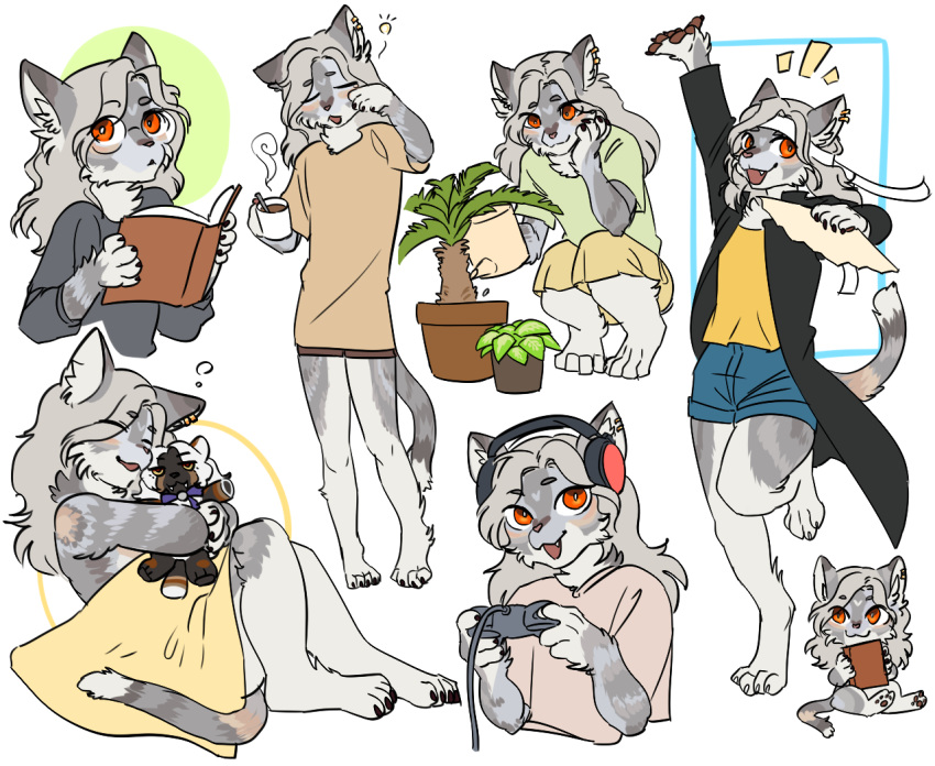 2023 anthro book chibi clothed clothing coat controller digitigrade eyewear felid feline female game_controller glasses hair headgear headphones headset long_hair mammal mayo-san multiple_poses plant plant_pot plushie pose potted_plant round_glasses simple_background sitting solo topwear white_background