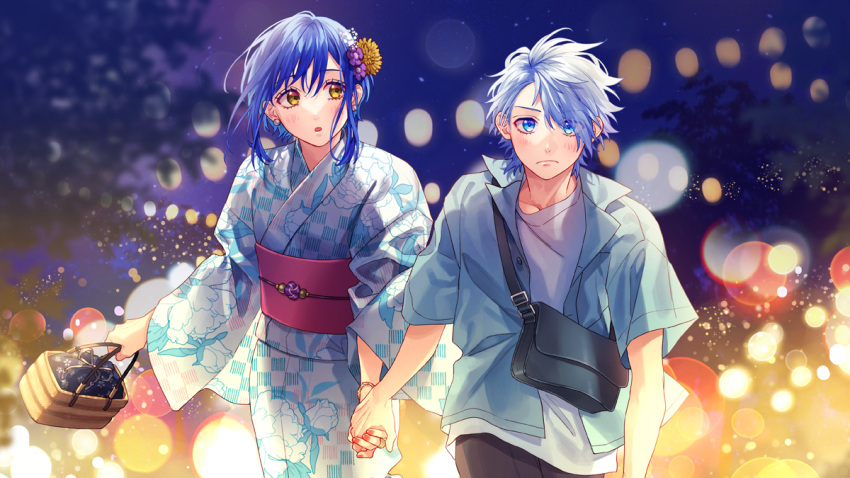 1boy 1girl ayase_koyuki backlighting bag blue_eyes blue_hair blurry blush bokeh brown_eyes depth_of_field flower furoshiki hair_flower hair_ornament handbag holding_hands honeyworks japanese_clothes kimono kokuhaku_jikkou_iinkai looking_ahead looking_at_another nail_polish night open_clothes open_shirt ougino_ryou outdoors parted_lips pink_nails print_kimono short_hair swept_bangs undershirt walking white_hair yamako_(state_of_children) yukata