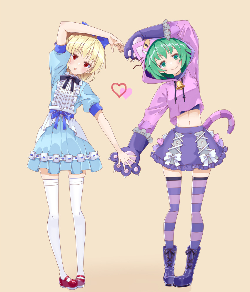 2girls :o alice_(alice_in_wonderland) alice_(alice_in_wonderland)_(cosplay) alice_in_wonderland andou_tazusa animal_hands animal_hood arm_up assault_lily bell black_footwear black_ribbon blonde_hair blue_bow blue_dress blue_ribbon boots bow breasts brown_background buttons cat_hood cat_tail center_frills cheshire_cat_(alice_in_wonderland) cheshire_cat_(alice_in_wonderland)_(cosplay) closed_mouth commentary_request cosplay cropped_hoodie cross-laced_footwear drawstring dress fake_tail fang fang_out frilled_dress frilled_gloves frilled_skirt frills full_body gloves green_eyes green_hair gumoyu hair_bow heart heart_arms_duo highres hood hood_up hoodie lace-up_boots layered_dress leaning_to_the_side long_sleeves looking_at_viewer mary_janes medium_breasts midriff miniskirt multiple_girls navel neck_bell neck_ribbon official_alternate_costume parted_lips paw_gloves pink_hoodie puffy_short_sleeves puffy_sleeves purple_gloves purple_skirt purple_thighhighs red_eyes red_footwear ribbon shoes short_hair short_sleeves simple_background skirt standing stomach striped striped_thighhighs tail thighhighs white_bow white_thighhighs yoshimura_thi_mai zettai_ryouiki