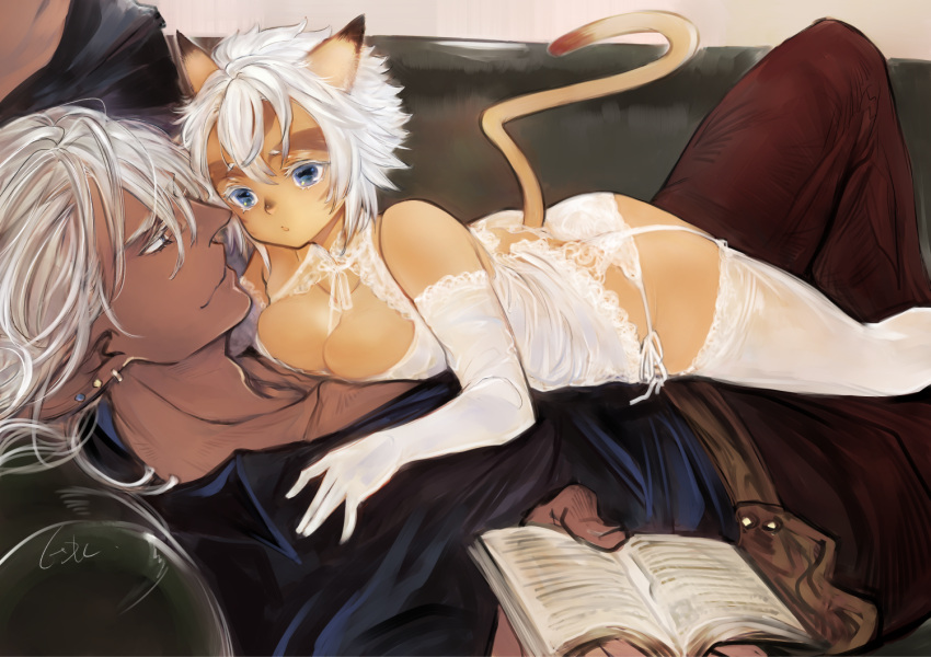 1boy 1girl :o adventurer_(ff11) animal_ears bare_shoulders blue_eyes book breasts cat_ears cat_girl cat_tail cleavage closed_mouth colored_eyelashes dark-skinned_male dark_skin doraeshi earrings elbow_gloves elf elvaan final_fantasy final_fantasy_xi garter_straps gloves hair_between_eyes holding holding_book jewelry lingerie looking_at_another lying lying_on_person medium_breasts mithra_(ff11) multiple_earrings on_back open_book open_mouth panties pointy_ears smile tail tail_raised thighhighs underwear white_gloves white_hair white_panties white_thighhighs