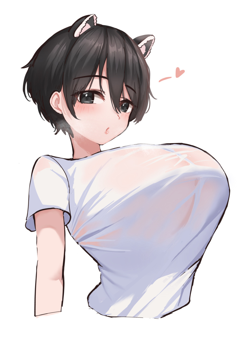 1girl absurdres animal_ears black_hair blue_archive blush breasts commentary cropped_arms cropped_torso fluffyebi01 grey_eyes hair_between_eyes heart highres huge_breasts leaning_back looking_at_viewer puckered_lips see-through see-through_cleavage see-through_shirt shirt short_hair short_sleeves simple_background solo spoken_heart tareme taut_clothes taut_shirt tsubaki_(blue_archive) upper_body white_background white_shirt