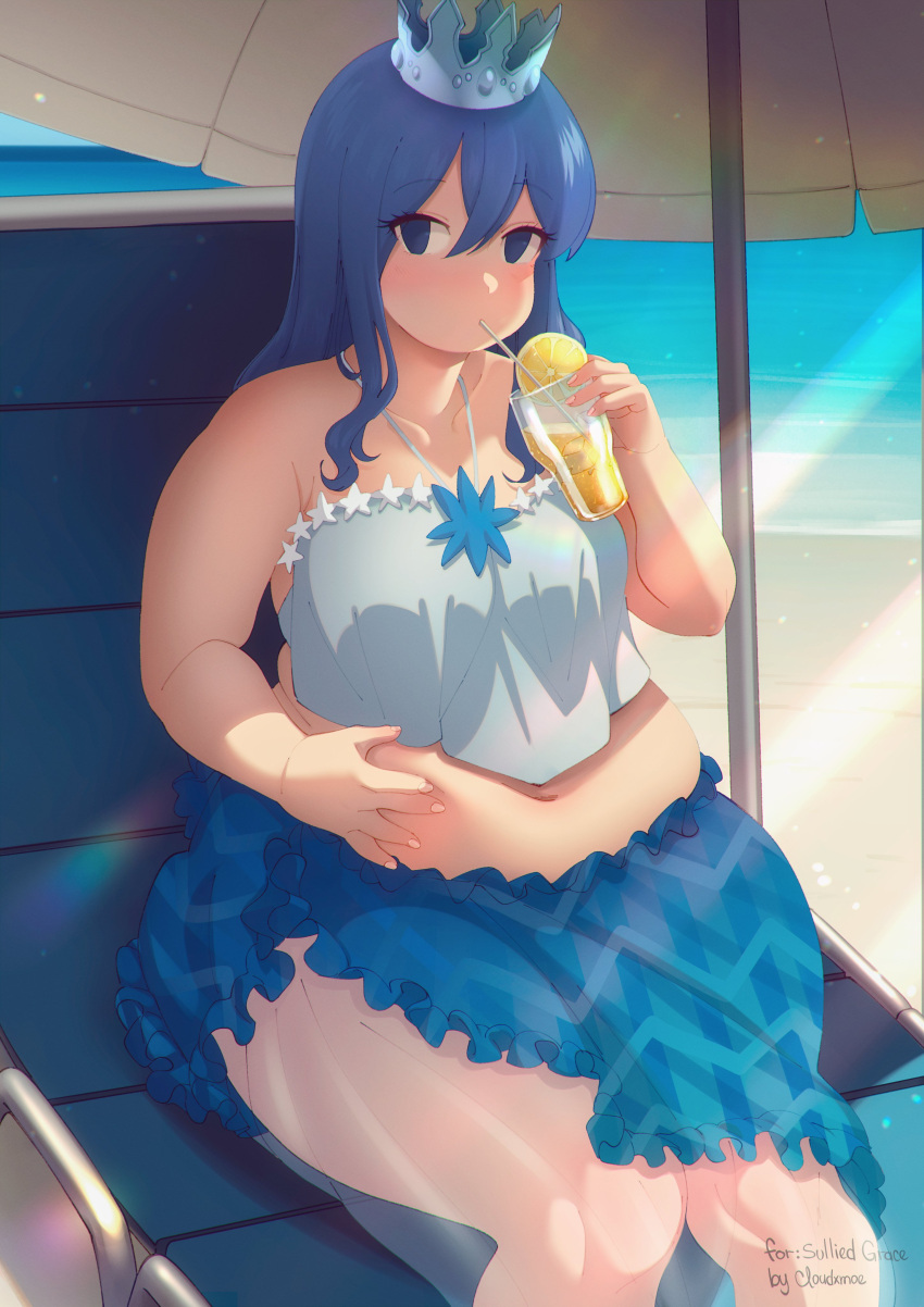 1girl absurdres artist_name bare_shoulders beach beach_umbrella blue_eyes blue_hair blue_skirt breasts chair closed_mouth cloudxmoe collarbone crown cup day drinking drinking_straw english_commentary english_text fairy_tail feet_out_of_frame film_grain food fruit hair_between_eyes hand_on_own_stomach highres holding holding_cup juvia_lockser lemon lemon_slice light_rays long_hair looking_at_viewer lounge_chair medium_breasts midriff mini_crown navel no_pupils outdoors plump shadow sidelighting sidelocks sitting skirt solo sunbeam sunlight thick_arms thick_thighs thighs umbrella water