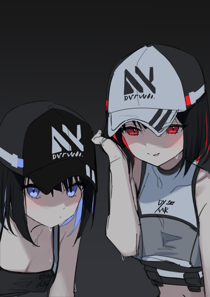 2girls absurdres bare_arms bare_shoulders baseball_cap black_background black_camisole black_hair black_headwear blue_eyes blue_hair blush camisole commentary_request crop_top gradient_background grey_background grey_headwear hair_between_eyes hand_up hat highres korean_commentary licking_lips multicolored_hair multiple_girls navel original red_eyes red_hair short_hair sweat syhan tongue tongue_out two-tone_hair