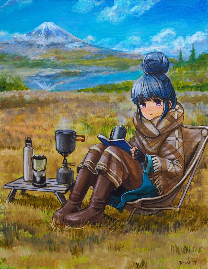 1girl blue_hair blue_sky blush boots brown_footwear cloud cloudy_sky coat coffee_maker_(object) cup day fingerless_gloves full_body gloves grass hair_bun highres holding holding_cup knee_boots long_sleeves medium_hair mountain nature nose_blush outdoors purple_eyes scenery shima_rin sidelocks signature single_hair_bun sitting sky solo tafuto traditional_media tree yurucamp