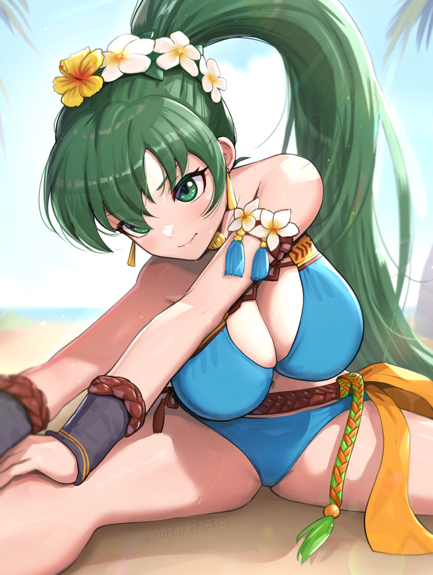 1girl absurdres beach belt bikini blue_bikini breasts cleavage earrings fire_emblem fire_emblem:_the_blazing_blade fire_emblem_heroes flower gonzarez green_eyes green_hair hair_flower hair_ornament highres jewelry large_breasts long_hair lyn_(fire_emblem) lyn_(summer)_(fire_emblem) ocean official_alternate_costume outdoors palm_tree ponytail solo split stretching swimsuit thighs tree very_long_hair yellow_flower