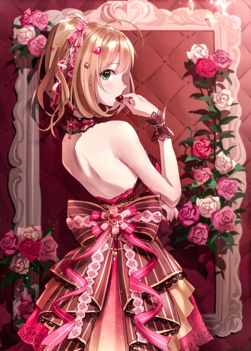 1girl ahoge back bare_shoulders blonde_hair blush breasts chocolate dress eating floral_background flower from_side green_eyes hair_ornament hair_ribbon heart highres idolmaster idolmaster_cinderella_girls idolmaster_cinderella_girls_starlight_stage large_breasts layered_dress long_hair looking_at_viewer open_mouth picture_frame red_dress red_nails red_ribbon ribbon rose sash sato_shin scrunchie see-through_choker solo takeashiro twintails