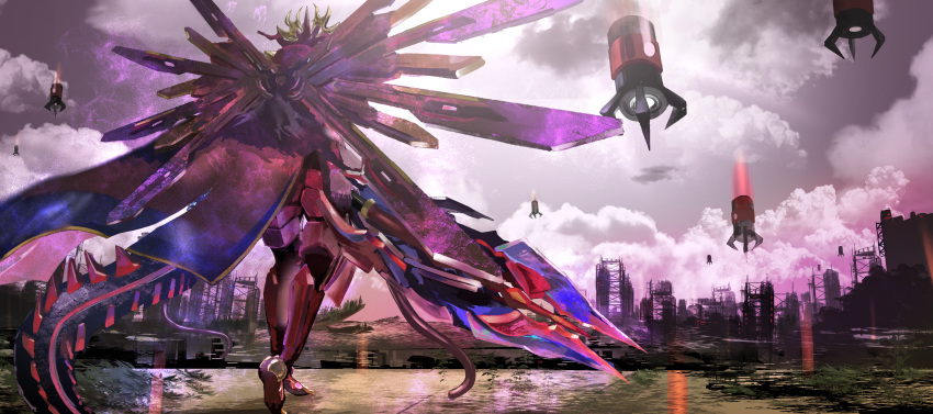 1boy absurdres asaki_(asaki_vision) city commission duel_monster from_behind full_body highres holding holding_polearm holding_weapon kashtira_arise-heart male_focus outdoors overcast polearm ruins skeb_commission sky solo tail walking walking_on_liquid weapon wings yu-gi-oh!