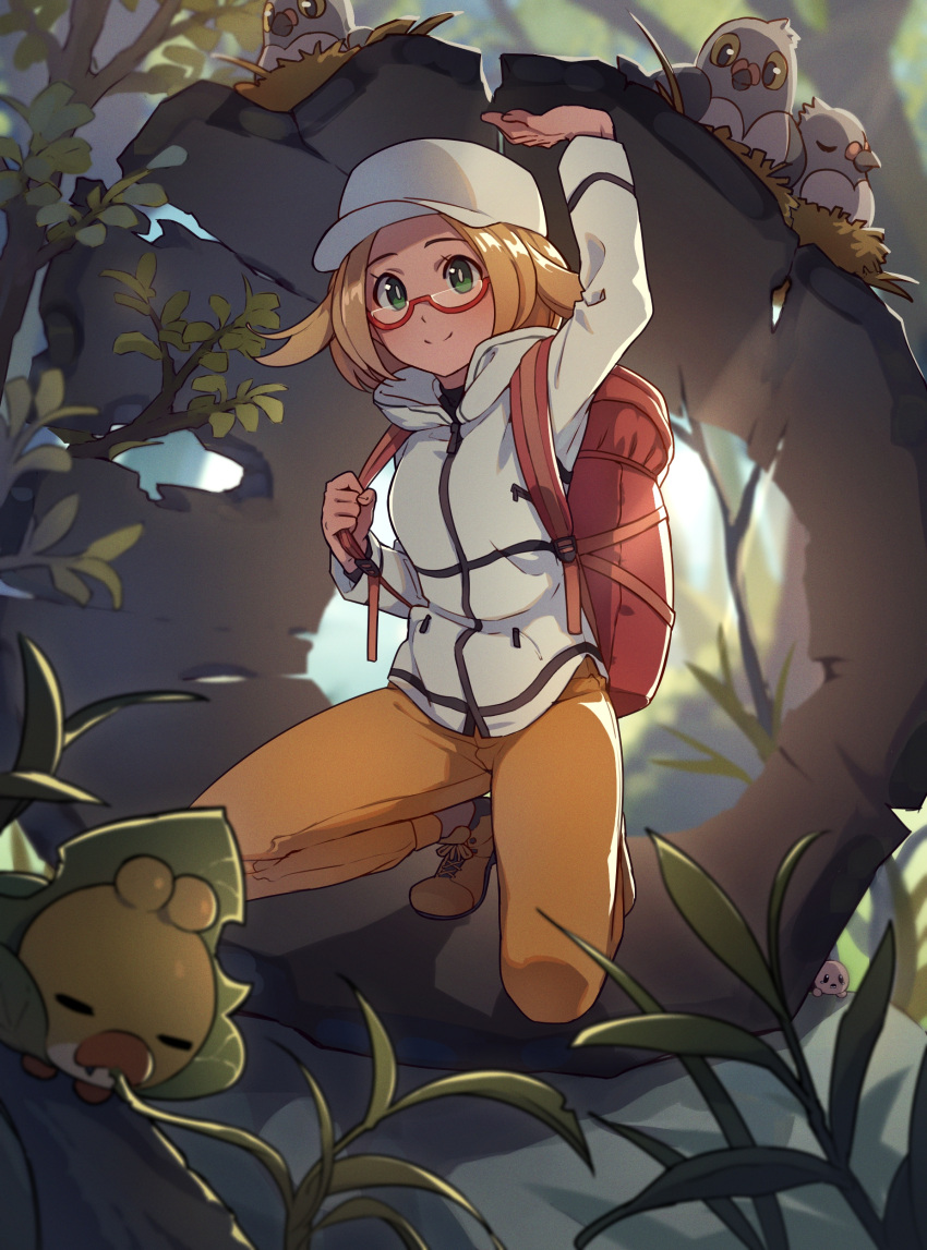 1girl absurdres alternate_costume arm_support backpack bag bianca_(pokemon) blonde_hair brown_footwear closed_eyes commission glasses grass green_eyes highres looking_at_viewer nature nest nifffi pidove pokemon pokemon_(creature) pokemon_(game) pokemon_bw2 sewaddle white_headwear