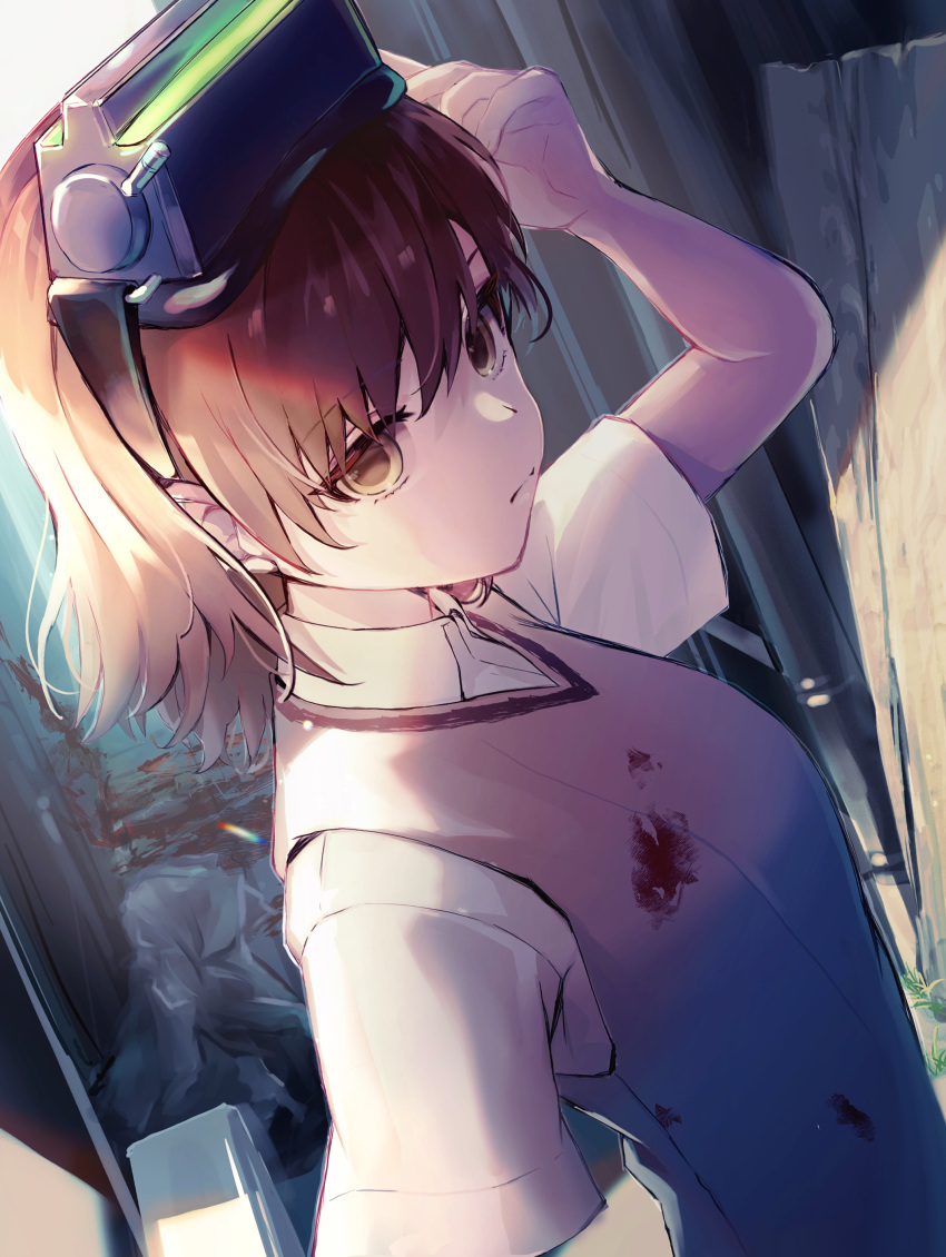 1girl absurdres bare_shoulders blood blood_on_clothes blood_splatter brown_eyes brown_hair brown_sweater_vest closed_mouth collared_shirt commentary english_commentary goggles goggles_on_head hand_up head-mounted_display highres medium_hair misaka_imouto mkr_(wepn3428) school_uniform shirt short_sleeves solo summer_uniform sweater_vest toaru_majutsu_no_index tokiwadai_school_uniform upper_body white_shirt
