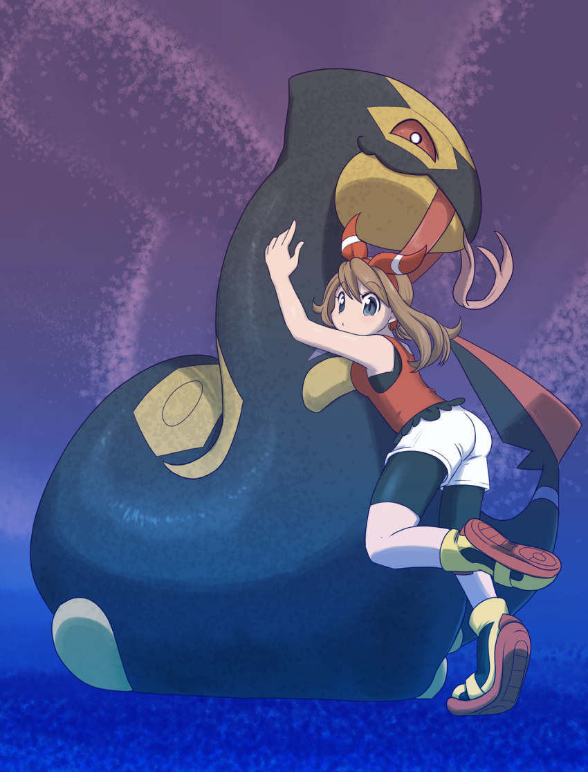 1girl ass bike_shorts bike_shorts_under_shorts blue_background breasts brown_hair colored_sclera commentary_request enohito fangs forked_tongue full_body gradient_background grey_eyes highres looking_at_viewer may_(pokemon) pokemon pokemon_(creature) pokemon_(game) pokemon_oras purple_background red_sclera seviper shorts standing tail tongue two-tone_background