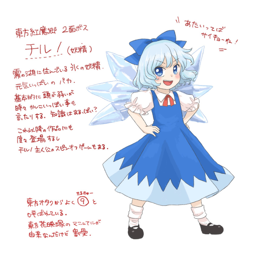 1girl atai black_footwear blue_bow blue_dress blue_eyes blue_hair bow character_name circled_9 cirno collared_shirt dress embodiment_of_scarlet_devil full_body hair_bow hands_on_own_hips highres ice ice_wings mary_janes neck_ribbon pinafore_dress puffy_short_sleeves puffy_sleeves red_ribbon ribbon rinui shirt shoes short_hair short_sleeves sleeveless sleeveless_dress socks solo touhou translation_request wall_of_text white_shirt wings