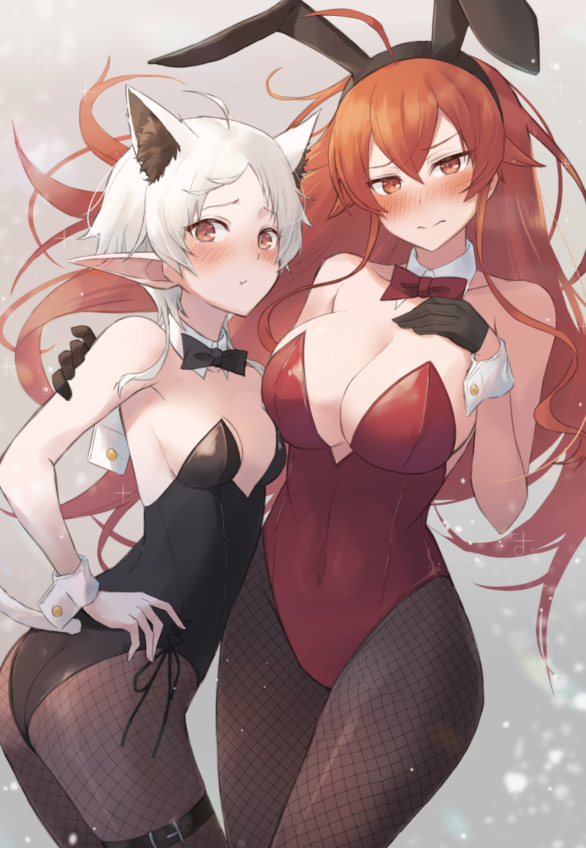 2girls animal_ears ass black_bow black_bowtie black_gloves black_leotard blush bow bowtie breasts cat_ears cat_girl cleavage commentary_request detached_collar elf eris_greyrat fake_animal_ears fishnet_pantyhose fishnets gloves highres large_breasts leotard long_hair multiple_girls mushoku_tensei nakami_chihiro nose_blush pantyhose playboy_bunny pointy_ears rabbit_ears red_bow red_bowtie red_eyes red_hair red_leotard short_hair small_breasts sylphiette_(mushoku_tensei) white_hair wrist_cuffs