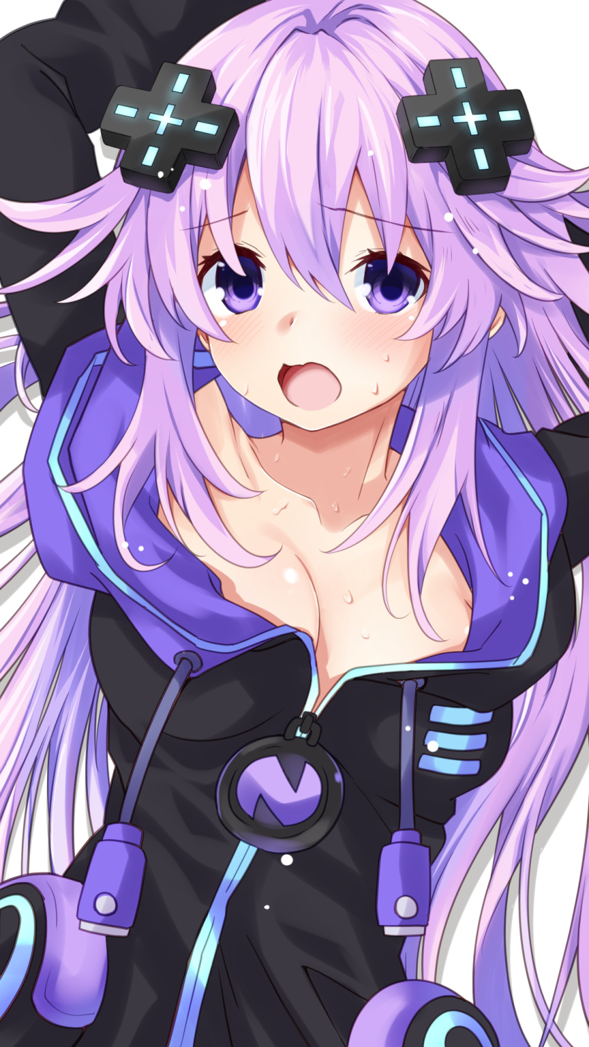 1girl adult_neptune blush breasts cleavage d-pad d-pad_hair_ornament hair_between_eyes hair_ornament highres hood hooded_jacket iwashi_dorobou_-r- jacket long_hair looking_at_viewer medium_breasts neptune_(series) open_mouth purple_eyes purple_hair scared shin_jigen_game_neptune_vii solo sweat upper_body very_long_hair