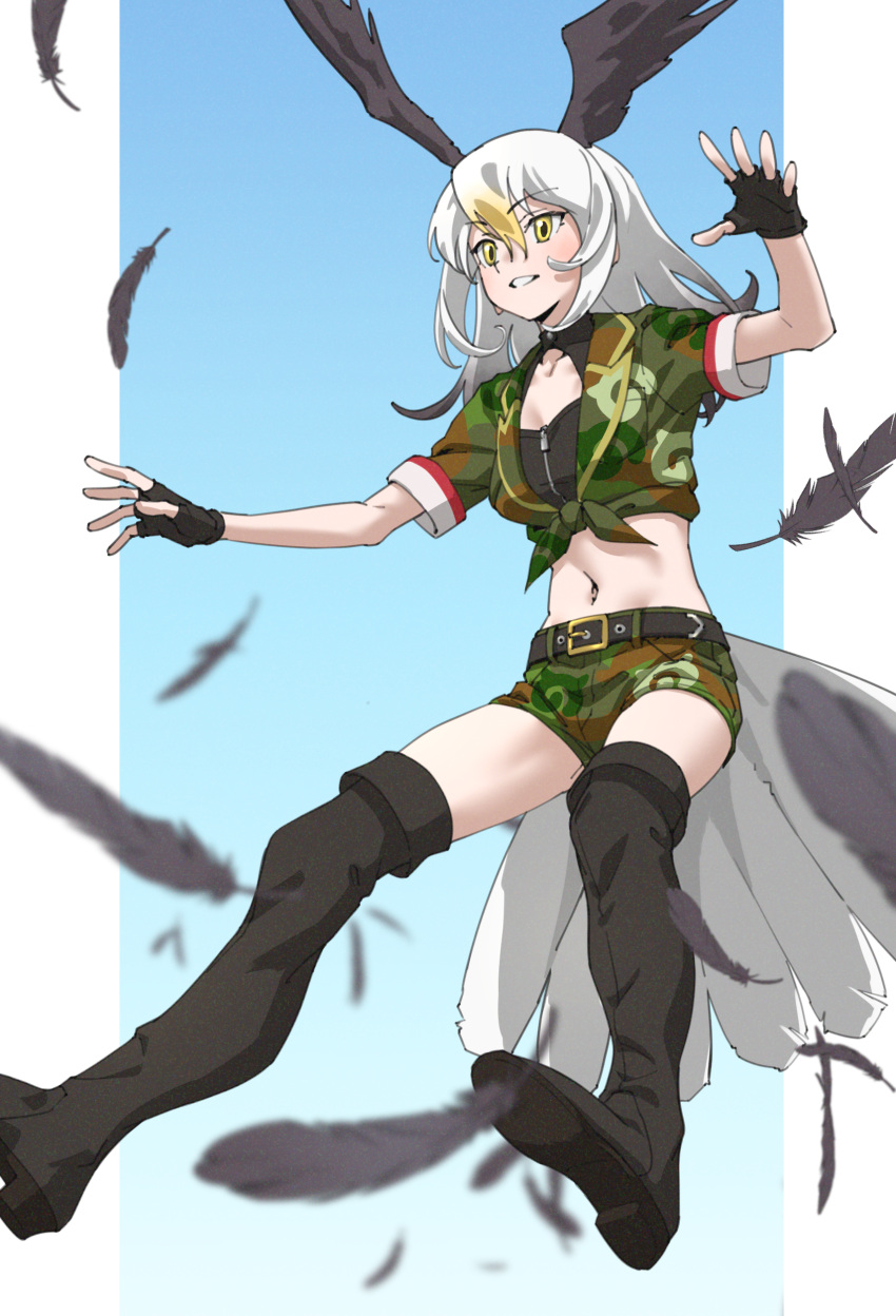 1girl absurdres bald_eagle_(kemono_friends) bare_arms belt bird_girl bird_tail bird_wings black_belt black_footwear black_gloves black_wings blonde_hair blue_background boots camouflage camouflage_shirt camouflage_shorts commentary feathers fingerless_gloves gloves gradient_background gradient_hair grey_hair hair_between_eyes head_wings highres japari_symbol_print kemono_friends long_hair midriff multicolored_hair navel parted_lips print_shirt print_shorts shirt short_shorts short_sleeves shorts simple_background smile solo tail tanabe_(fueisei) thigh_boots tied_shirt white_hair wings yellow_eyes