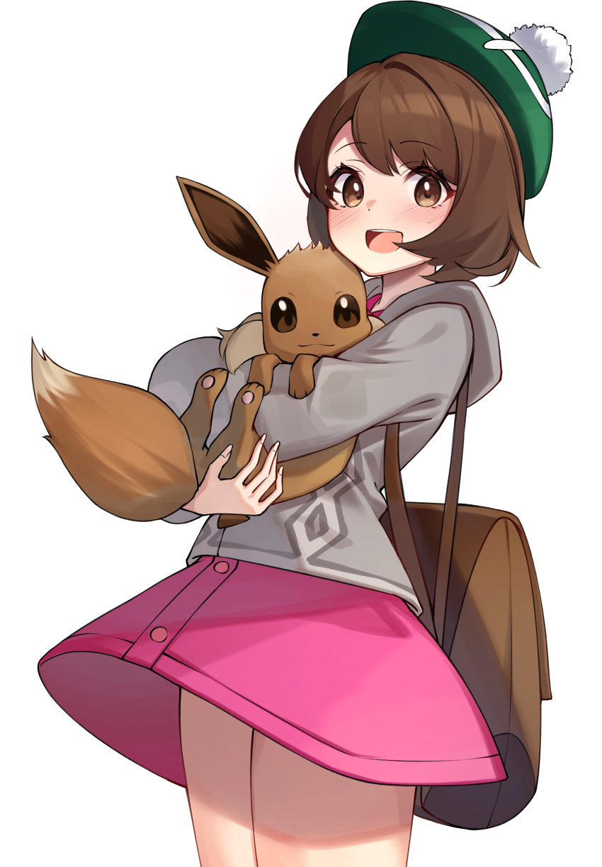 1girl :d absurdres backpack bag bob_cut brown_bag brown_eyes brown_hair buttons cardigan commentary_request dress eevee gloria_(pokemon) green_headwear grey_cardigan hat highres holding holding_pokemon hooded_cardigan open_mouth pink_dress pokemon pokemon_(creature) pokemon_(game) pokemon_swsh short_hair simple_background smile tam_o'_shanter teeth tongue upper_teeth_only white_background ziro_(zirorong)