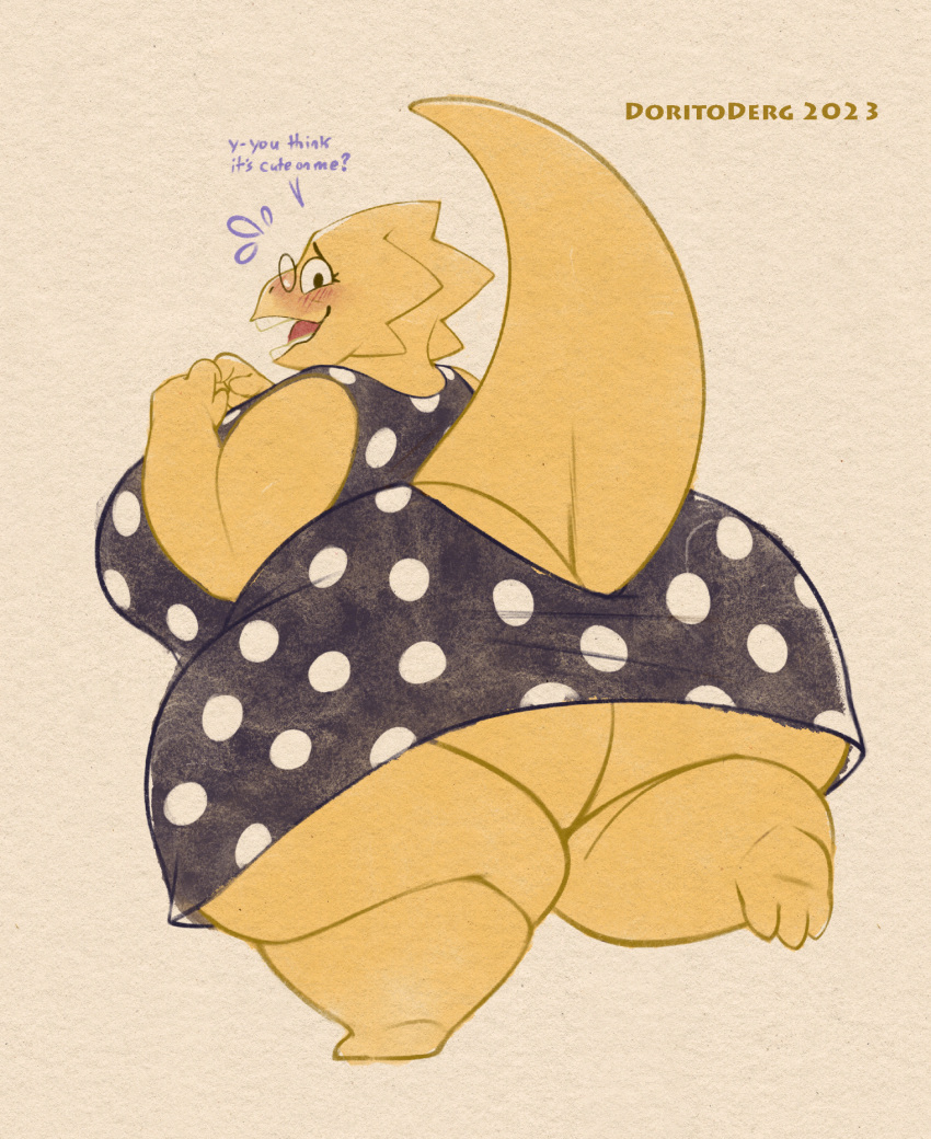 2023 alphys anthro big_breasts big_butt blush bodily_fluids breasts butt clothing doritoderg dress english_text eyewear female flying_sweatdrops glasses hi_res lizard non-mammal_breasts open_mouth open_smile overweight overweight_anthro overweight_female reptile scalie simple_background smile solo sweat sweatdrop tail text thick_thighs undertale_(series) wide_hips yellow_body yellow_tail