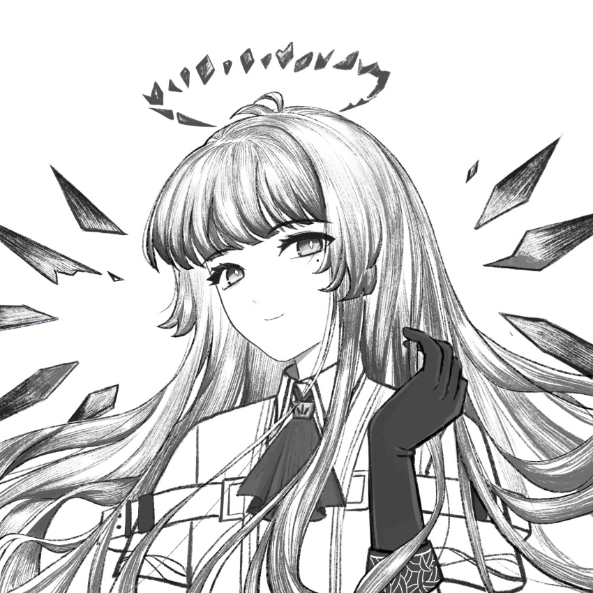 1girl antenna_hair arknights ascot belt belt_buckle blunt_bangs broken_halo buckle chinese_commentary closed_mouth collared_jacket commentary_request dark_halo detached_wings energy_wings eyelashes floating_hair gloves graphite_(medium) greyscale halo hand_in_own_hair hand_up hatching_(texture) head_tilt highres hime_cut jacket layered_sleeves light_smile linear_hatching long_hair long_sleeves looking_at_viewer mole mole_under_eye monochrome short_over_long_sleeves short_sleeved_jacket short_sleeves sidelocks simple_background sketch solo standing traditional_media upper_body virtuosa_(arknights) weibo_2716013763 wide_sleeves wing_collar wings