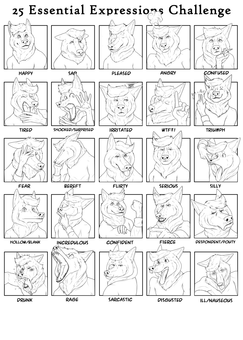 absurd_res anthro canid canine canis clothing depictionexpress domestic_dog drawing_challenge expressions hi_res hoodie husky line_art male mammal multiple_images multiple_poses nordic_sled_dog pose slim_anthro slim_male spitz topwear