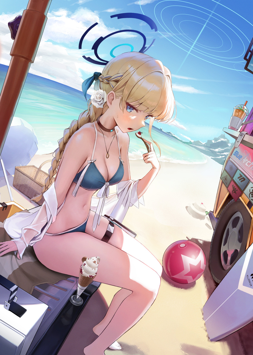 1girl absurdres alternate_costume ball bare_shoulders barefoot beach beachball bikini blonde_hair blue_archive blue_eyes blue_hair blue_sky blush bow bowtie braid braided_ponytail breasts case cherry choker cloud collarbone food french_braid front-tie_bikini_top front-tie_top fruit halo highres holding holding_spoon ice_cream legs long_hair looking_at_viewer medium_breasts motor_vehicle multicolored_hair navel ocean open_mouth outdoors sitting sky solo spoon stomach streaked_hair sweat swimsuit thigh_strap thighs toes toki_(blue_archive) van yarn_(yarn_03)