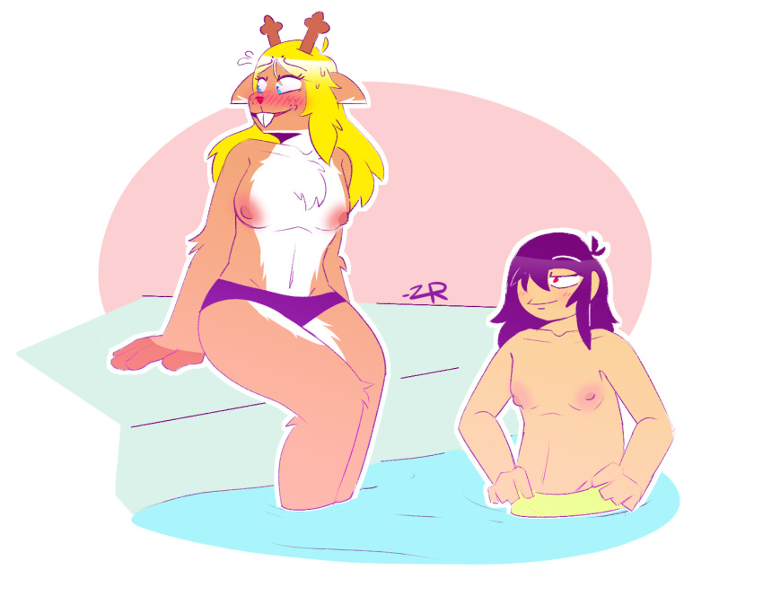 aged_up anthro antlers blonde_hair blush clothed clothing deer deltarune duo female female/female flustered hair horn human kris_(deltarune) mammal nipples noelle_holiday nude partially_clothed pool skinny_dipping topless undertale_(series) zixzs-redlight