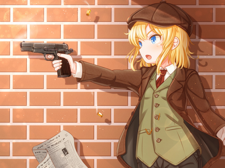 1girl black_coat black_pants blue_eyes breast_pocket brick_wall brown_coat brown_headwear brown_jacket browning_hi-power buttons chain coat cocked_hammer collared_shirt commentary cowboy_shot crossdressing english_commentary finger_on_trigger fingernails flat_cap floating floating_object from_side gun handgun hat highres holding holding_gun holding_weapon jacket lapels layered_clothes long_sleeves looking_ahead necktie newspaper notched_lapels open_clothes open_coat open_mouth original pants pocket profile red_necktie shadow shell_casing shirt short_hair smoke solo suzushiro_(gripen39) tomboy two-sided_coat two-tone_coat unbuttoned weapon white_shirt