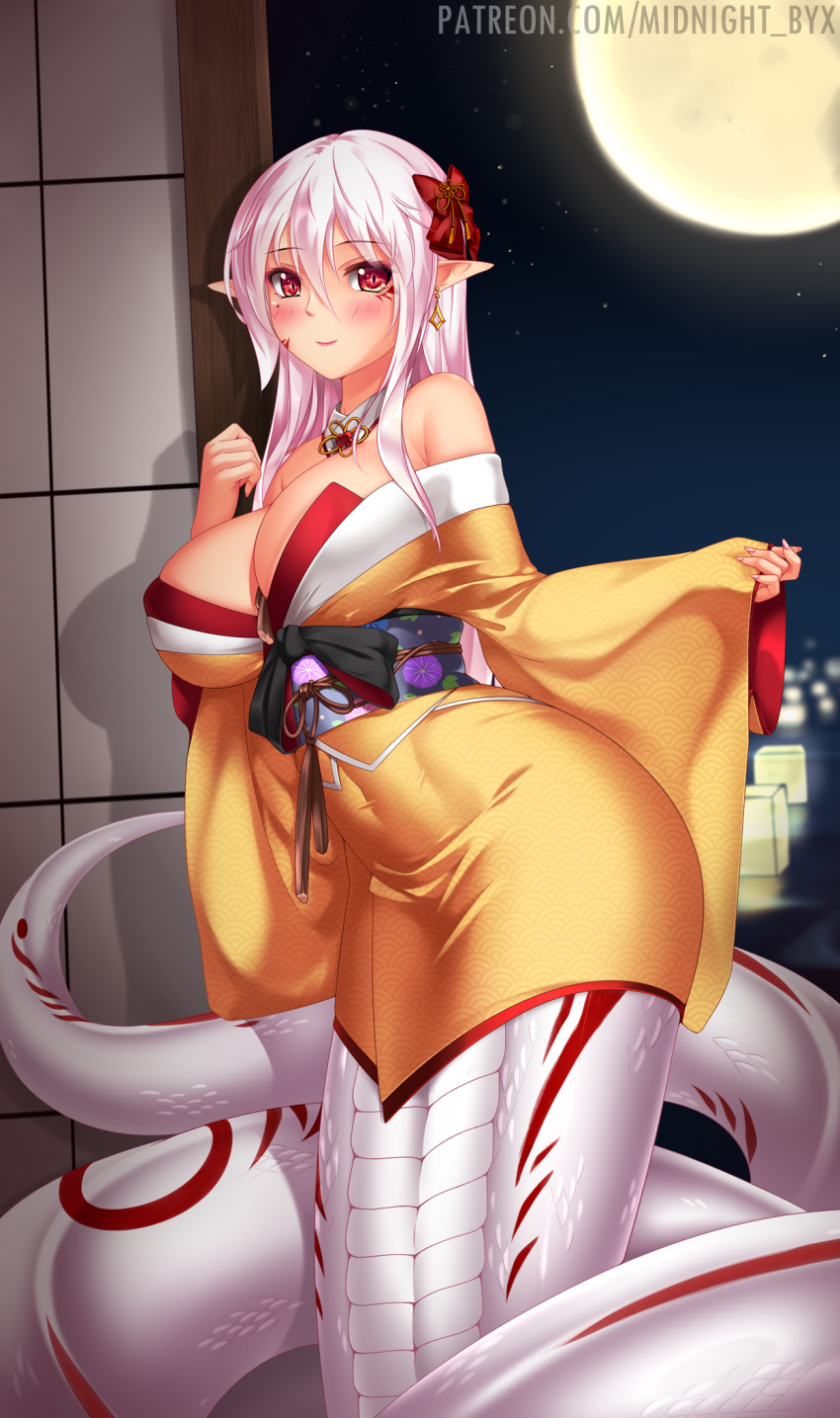 1girl breasts detached_collar drop_earrings earrings facial_mark full_moon hair_ornament highres japanese_clothes jewelry kimono lamia large_breasts long_hair midnight_(banyex) mole mole_under_eye monster_girl moon night night_sky obi off_shoulder original pink_hair pointy_ears red_eyes sash scales shouji sky sliding_doors slit_pupils smile solo star_(sky) wide_sleeves yellow_kimono