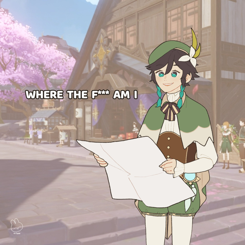 1boy androgynous aqua_hair bard beret black_hair braid cape cecilia_flower_(genshin_impact) collared_cape commentary english_commentary flower frilled_sleeves frills genshin_impact gradient_hair green_cape green_eyes green_headwear green_shorts hat hat_flower highres holding holding_map holding_paper katheryne_(genshin_impact) long_sleeves looking_at_viewer male_focus map map_(object) meme mlem multicolored_hair open_mouth outdoors pantyhose paper short_hair_with_long_locks shorts side_braids smile twin_braids venti_(genshin_impact) vision_(genshin_impact) white_flower white_pantyhose