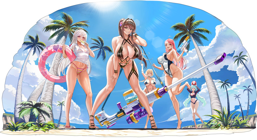 5girls absurdres ahoge anti-materiel_rifle ass_visible_through_thighs ball barefoot beachball beast_hunter_(last_origin) bikini bikini_top_only bikini_under_clothes black_bikini black_footwear black_jacket black_pasties blonde_hair blue_bikini bracelet breasts brown_eyes brown_hair casual_one-piece_swimsuit cleavage cloud cloudy_sky collarbone criss-cross_halter cropped_jacket curly_hair duct_tape emily_(last_origin) english_text flip-flops flower food food_in_mouth from_below full_body game_cg grass grin groin groin_tendon gun hair_between_eyes hair_flower hair_ornament halterneck hand_on_own_thigh heart heart_bikini heart_maebari hibiscus high_heels highleg highleg_bikini highleg_swimsuit highres holding holding_ball holding_food holding_gun holding_lifebuoy holding_popsicle holding_weapon huge_breasts huge_weapon jacket jewelry large_breasts last_origin leaning_forward legs_apart lens_flare lifebuoy light_green_hair linea_alba long_hair looking_at_viewer maebari medium_breasts micro_bikini multicolored_bikini multicolored_clothes multiple_girls nail_polish navel necklace official_alternate_costume official_art one-piece_swimsuit open_clothes open_jacket open_mouth outdoors palm_tree pani_(last_origin) pasties pink_eyes pink_flower pink_hair ponytail popsicle popsicle_in_mouth purple_eyes purple_flower raven_(last_origin) red_bikini red_eyes rifle ring royal_arsenal sandals see-through see-through_shirt shiny_skin shirt short_sleeves side-tie_bikini_bottom sideboob skindentation sky slingshot_swimsuit small_breasts smile sniper_rifle standing standing_on_one_leg star_sticker sticker strappy_heels string_bikini striped striped_bikini sun swimsuit swimsuit_under_clothes swimsuit_under_swimsuit tachi-e taesi tape tape_on_nipples tape_on_pussy taut_clothes taut_shirt thick_thighs thigh_strap thighs third-party_source tied_shirt transparent_background tree very_long_hair water_gun waving weapon wet wet_clothes wet_shirt white_hair white_nails white_one-piece_swimsuit white_shirt