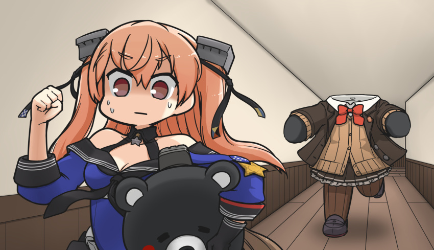 1girl 1other black_gloves black_neckerchief black_sailor_collar blue_shirt bow bowtie breasts brown_cardigan brown_eyes brown_hair cardigan chasing cleavage commission fleeing gloves hallway hamu_koutarou headless highres holding johnston_(kancolle) kantai_collection kumano_(kancolle) long_hair long_sleeves neckerchief off-shoulder_shirt off_shoulder pixiv_commission red_bow red_bowtie sailor_collar school_uniform shirt single_glove star_ornament thick_eyebrows twintails wooden_floor