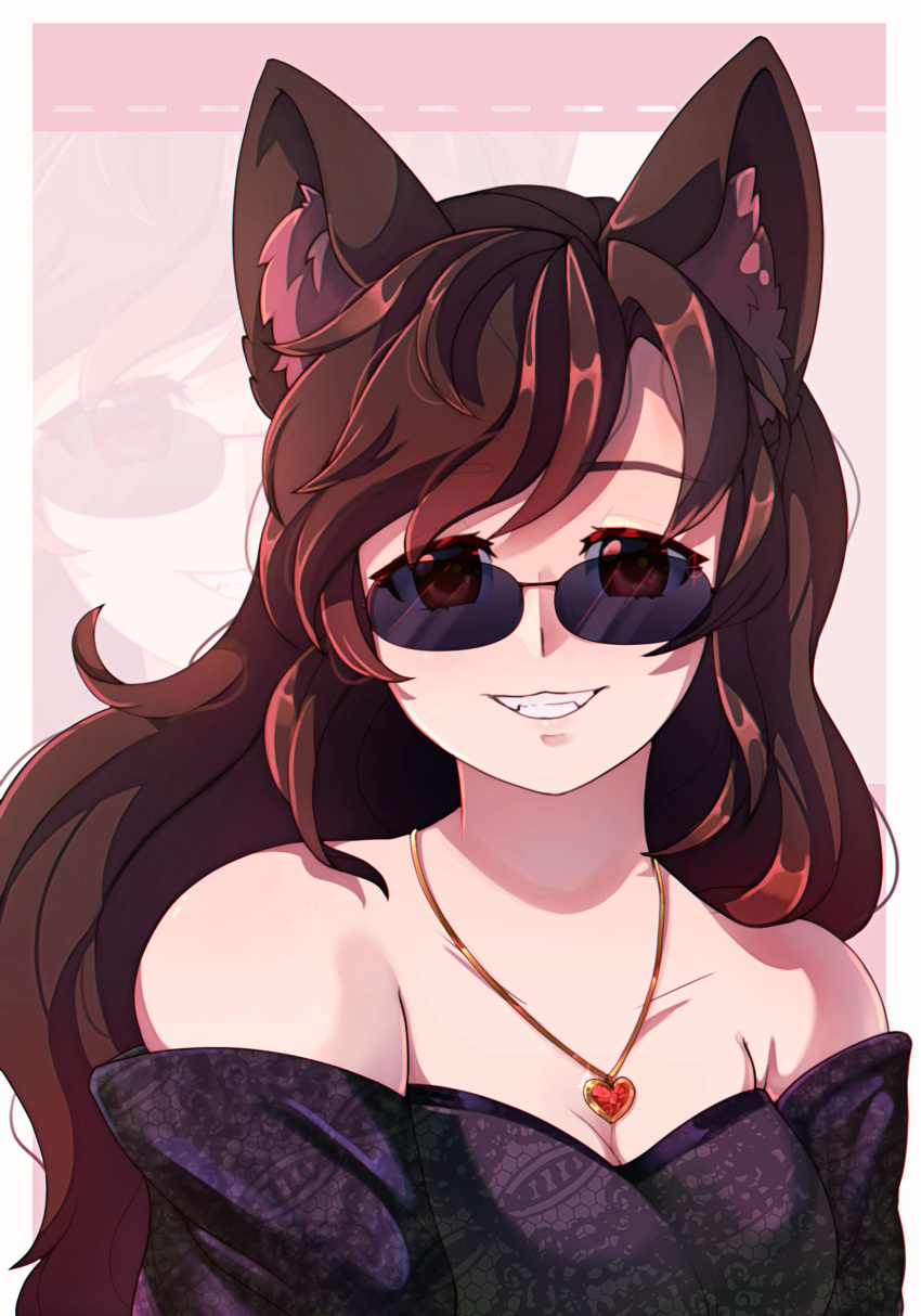 1girl absurdres alternate_costume animal_ear_fluff animal_ears black_dress breasts brown_eyes brown_hair cleavage commentary dress dungeon_toaster grin heart heart_necklace highres imaizumi_kagerou jewelry long_hair looking_at_viewer medium_bangs medium_breasts necklace off-shoulder_dress off_shoulder patterned_clothing smile solo sunglasses swept_bangs symbol-only_commentary touhou upper_body wolf_ears wolf_girl zoom_layer