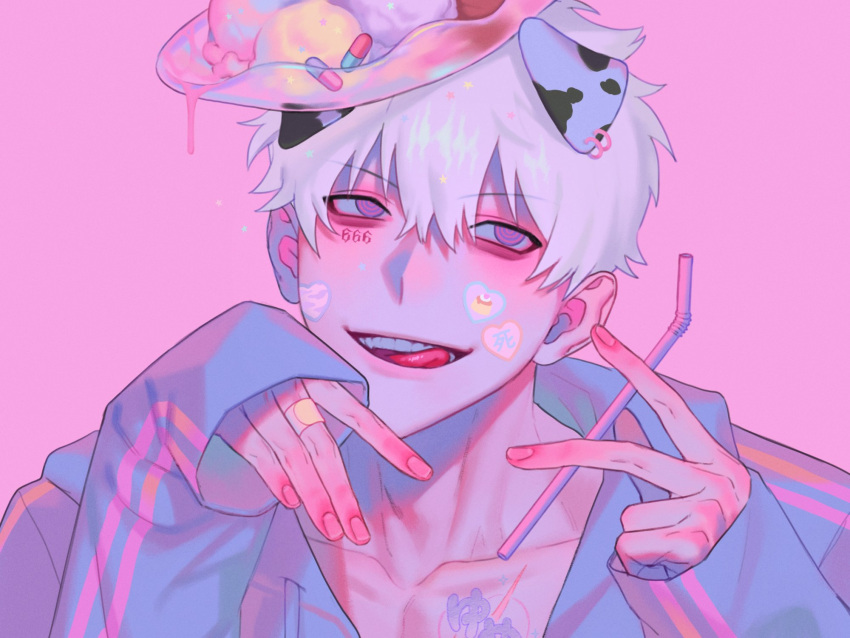 1boy 666 animal_ears bandaid bandaid_on_hand blue_shirt chest_tattoo collared_shirt cow_ears drinking_straw facepaint fake_animal_ears gyuing666 hat highres holding holding_drinking_straw male_focus original pink_background pink_eyes shirt short_hair simple_background smile solo tattoo tongue tongue_out white_hair