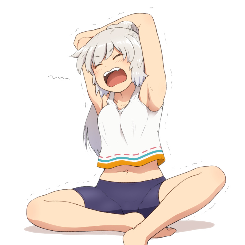 1girl alternate_costume armpits arms_up bangs bare_shoulders barefoot blush breasts closed_eyes collarbone commentary_request fang fangs grey_hair hair_between_eyes hands_up long_hair medium_breasts mononobe_no_futo navel no_headwear open_mouth ponytail purple_shorts shadow shirosato shirt shorts simple_background sitting sleeveless sleeveless_shirt solo t-shirt teeth tongue touhou v-shaped_eyebrows white_background white_shirt